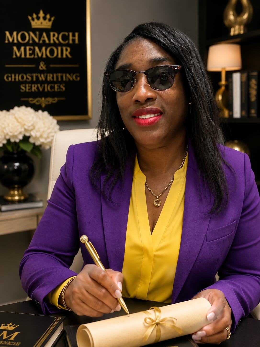 Carone Bailey signing a document at her desk at Monarch Memoir & Ghostwriting Services