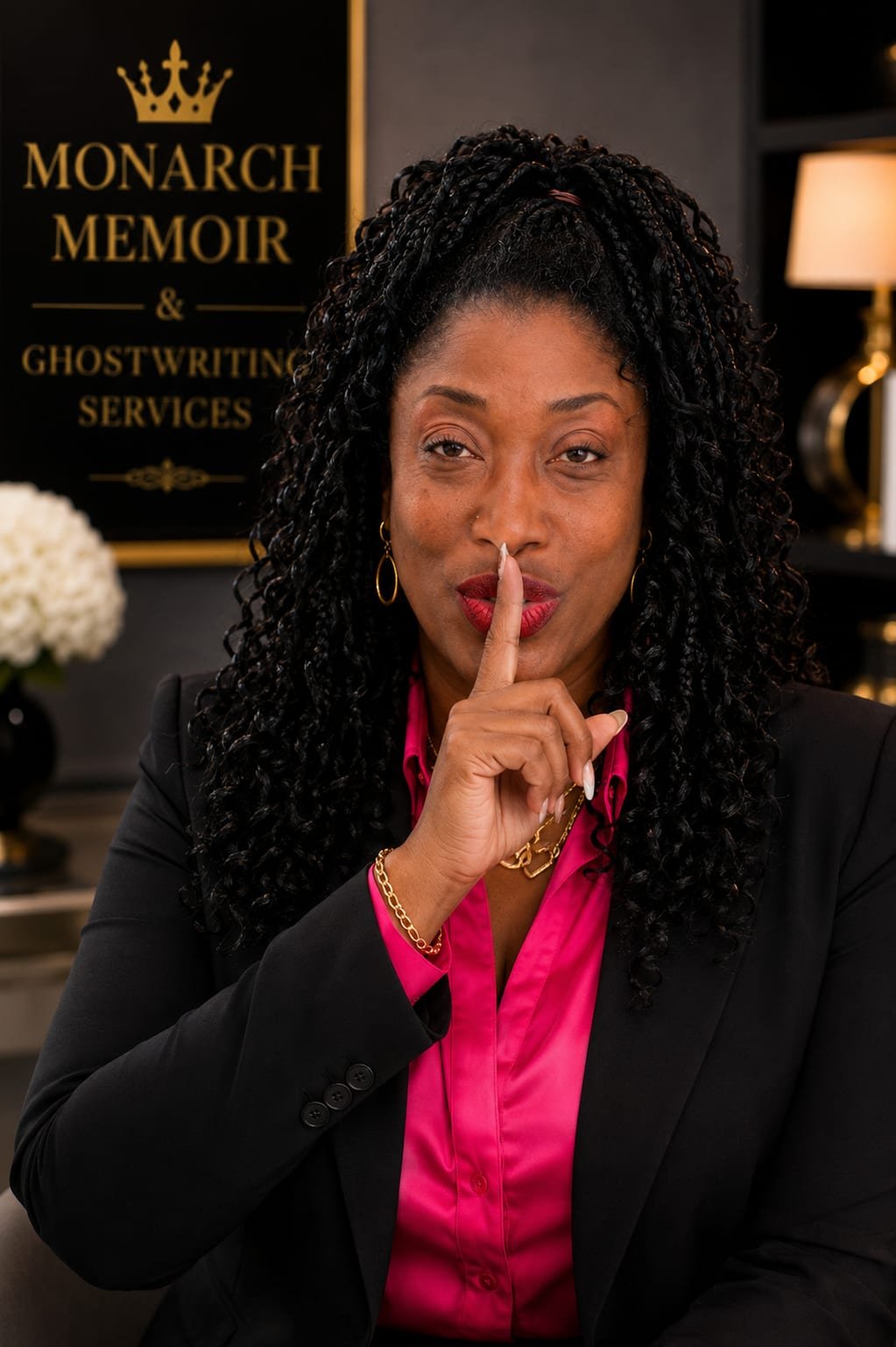 Carone Bailey with a finger to her lips — what is shared at Monarch Memoir & Ghostwriting Services stays confidential